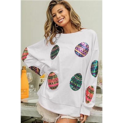 White Sequined Easter Egg Drop Shoulder Oversized Sweatshirt