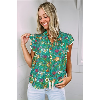 Green Lace Trim Flutter Sleeve Tropical Floral Blouse