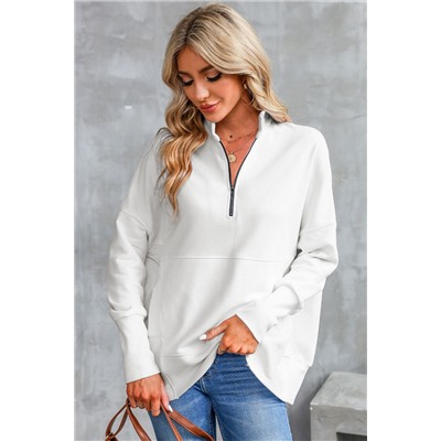 White Oversized Quarter-Zip Pullover Sweatshirt