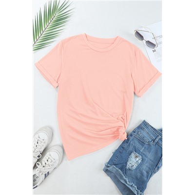 Pink Casual Plain Crew Neck Tee