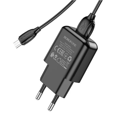 Адаптер Сетевой с кабелем Borofone BA64A USB 2,1A/5W (USB/Micro USB) (black)