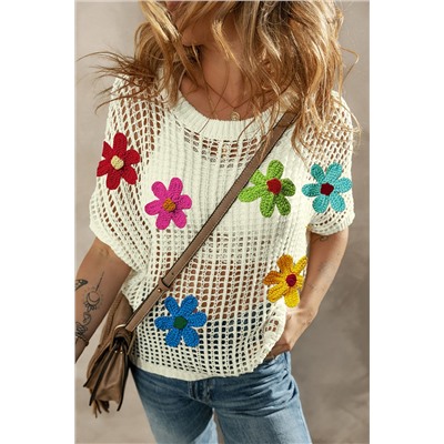 White Crochet Flower Hollow-out Sweater T Shirt