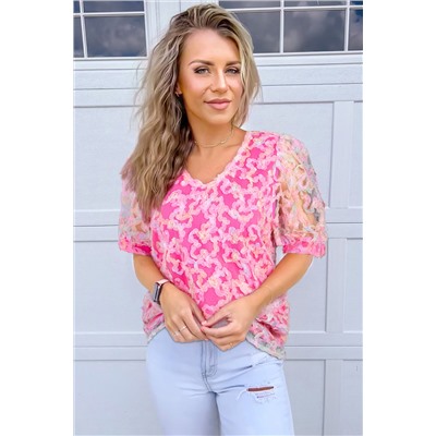 Bonbon Flowery Mesh Short Puff Sleeve Blouse