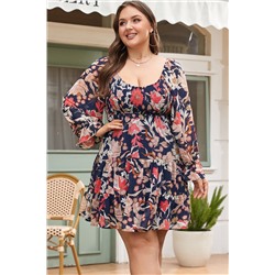 Black Floral Flounce Sleeve Smocked Ruffled Plus Size Dress