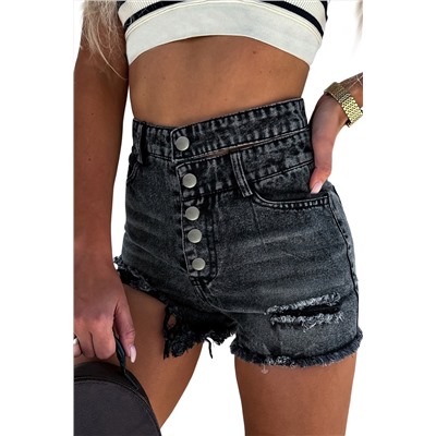 Black High Waist Multi Buttons Raw Edge Denim Shorts