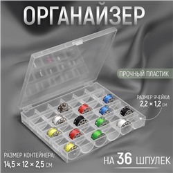 Органайзер для ниток, на 36 шпулек, 14,5 × 12 × 2,5 см, цвет прозрачный