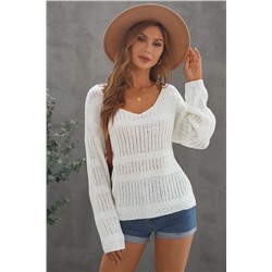 Белый вязаный свитер-пуловер крупной вязки с V-образным вырезом