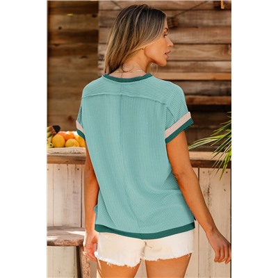 Grass Green Textured Contrast Trim Round Neck T Shirt