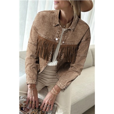 Brown Rhinestone Fringed Cowgirl Fashion Denim Jacket