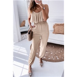 Parchment Spaghetti Straps Ruffles Overlay Smocked Jogger Jumpsuit