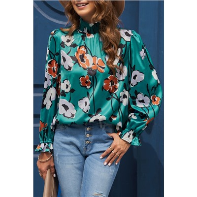 Floral Print Smocked Mock Neck Blouse