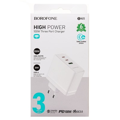 Адаптер Сетевой Borofone BN11 Imperial PD GaN 2Type-C/USB 100W (white)