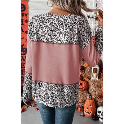 Light Pink Leopard Print Waffle Knit Patchwork Top