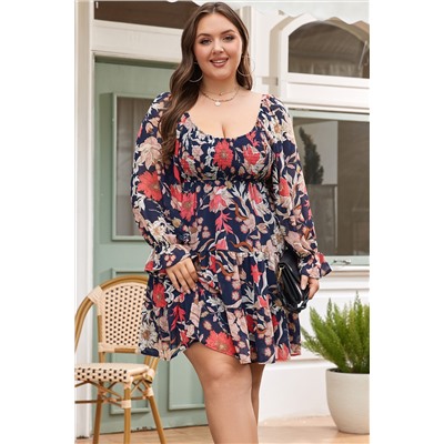 Black Floral Flounce Sleeve Smocked Ruffled Plus Size Dress