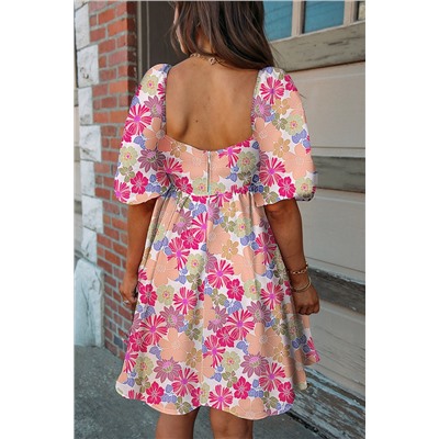 Rose Summer Floral Square Neck Puff Sleeve Babydoll Dress