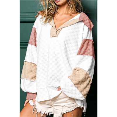 White Plaid Patchwork Exposed Seam V Neck Loose Blouse