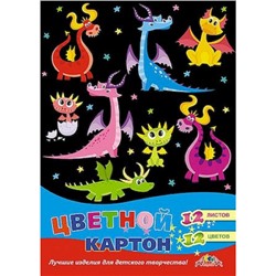 Набор цветного картона мелованного А4 12л 12цв "Дракончики" КБС С2801-12 АппликА