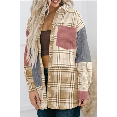 Pink Plaid Color Block Patchwork Shirt Jacket with Pocket