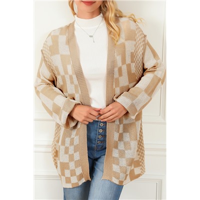 Khaki Mixed Checker Knit Drop Shoulder Cardigan