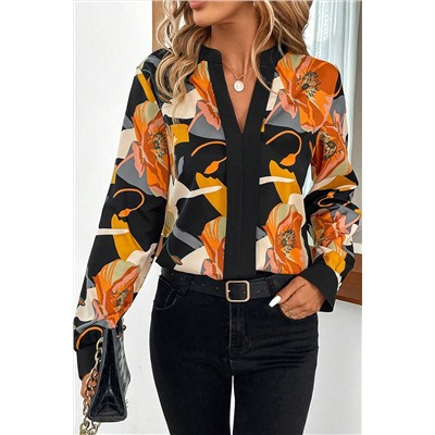 Multicolour Floral Print Split V Neck Blouse