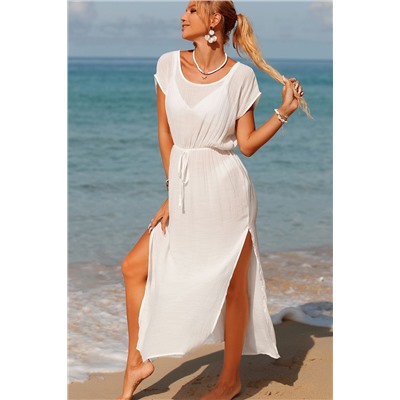 White Flowy Drawstring Side Slit Beach Dress