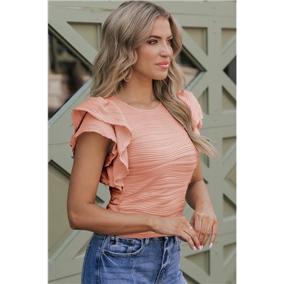 Apricot Pink Wavy Textured Ruffle Sleeve Top