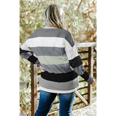 Gray Stripe Plus Size Colorblock Pullover Top