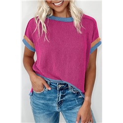 Bright Pink Textured Contrast Trim Round Neck T Shirt