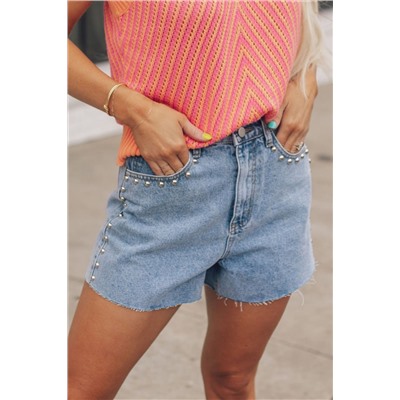 Sky Blue Stud Embellished High Waist Denim Shorts