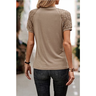 Pale Khaki Seamed Detail Contrast Lace Raglan Sleeve Tee