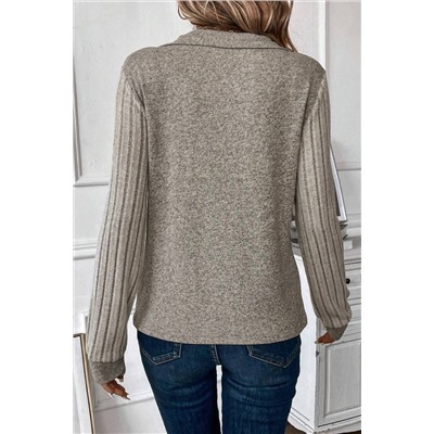 Smoke Gray Solid Color Ribbed Sleeve Collared V Neck Top