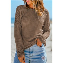 Dark Brown Waffle Knit Drop Shoulder Long Sleeve Top