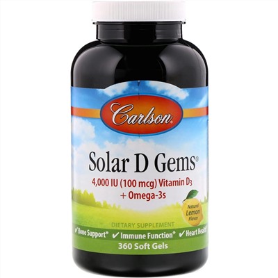 Carlson Labs, Solar D Gems, натуральный лимонный вкус, 4000 МЕ, 360 мягких таблеток