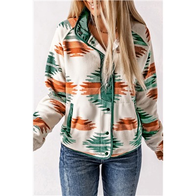 Multicolour Western Aztec Snap Buttoned Fleece Jacket