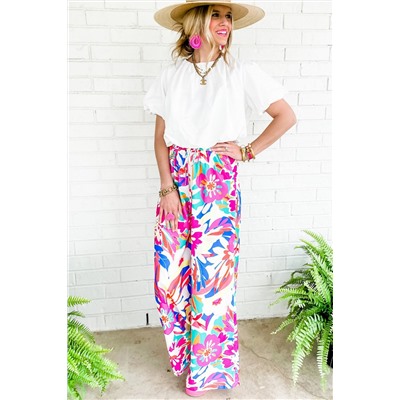 Rose Red Boho Flower Print Loose Wide Leg Pants