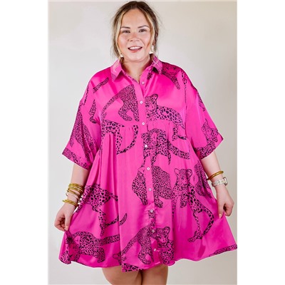 Rose Cheetah Print Half Sleeve Buttoned Plus Size Mini Dress