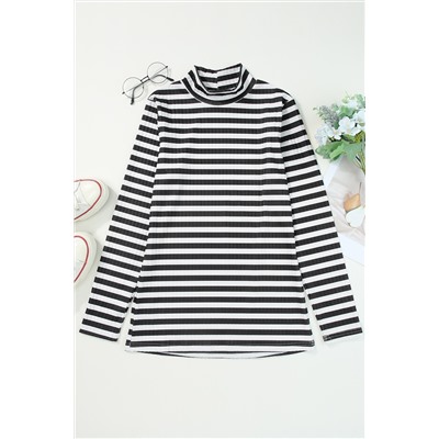 Black Striped Print Textured Knit Long Sleeve Tee