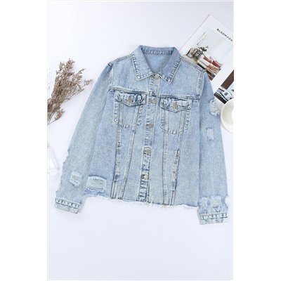 Sky Blue Lapel Distressed Raw Hem Buttons Denim Jacket