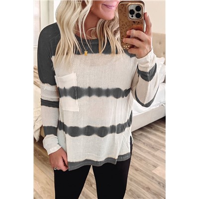 Gray Tie Dye Striped Loose Knitted Long Sleeve Top with Slits