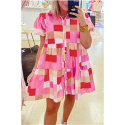 Pink Plaid Print Puff Sleeve Buttoned Tiered Dress
