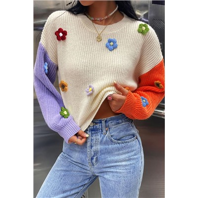 Multicolour Flower Applique Colorblock Drop Shoulder Sweater