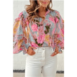 Pink Floral Print Tiered Ruffled Long Sleeve Blouse