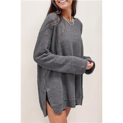 Gray Waffle Knit High Slits Oversized Top