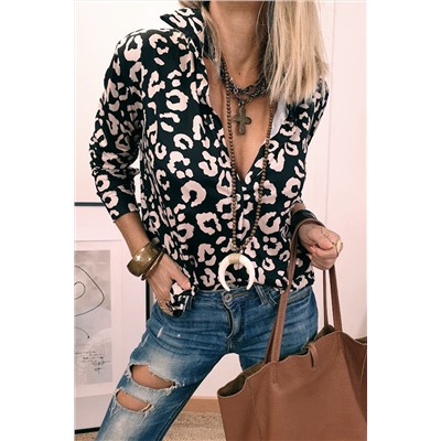 Black Leopard Print Button Up Long Sleeve Shirt