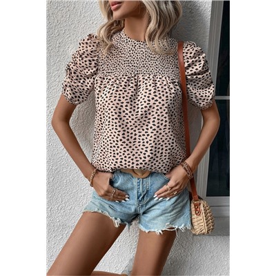 Khaki Leopard Shirred Round Neck Puff Sleeve Blouse