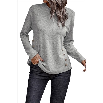 Gray Side Buttons Crew Neck Knit Top