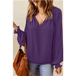 Purple Pleated V Neck Puffy Sleeve Blouse