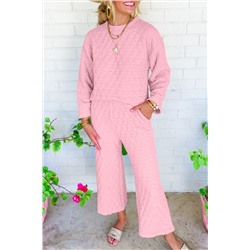 Pink Solid Quilted Pullover and Pants Outfit