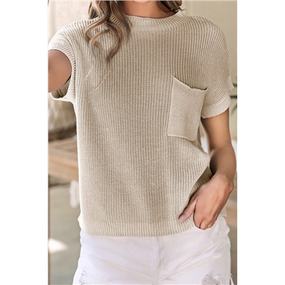 Pale Khaki Patch Pocket Short Sleeve Sweater