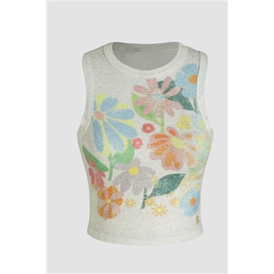 Beige Floral Crew Neck Crop Tank Top